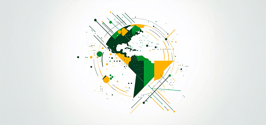 Uma representação visual abstrata da internacionalização de uma empresa brasileira. Elementos geométricos como linhas fluídas e círculos interligados simbolizam conexões globais. Detalhes em verde e amarelo representam o Brasil, enquanto outros tons neutros adicionam equilíbrio. Ícones simples, como um globo estilizado ou flechas apontando para diferentes direções, sugerem expansão internacional. O design é limpo, moderno e minimalista, ideal para um artigo corporativo.