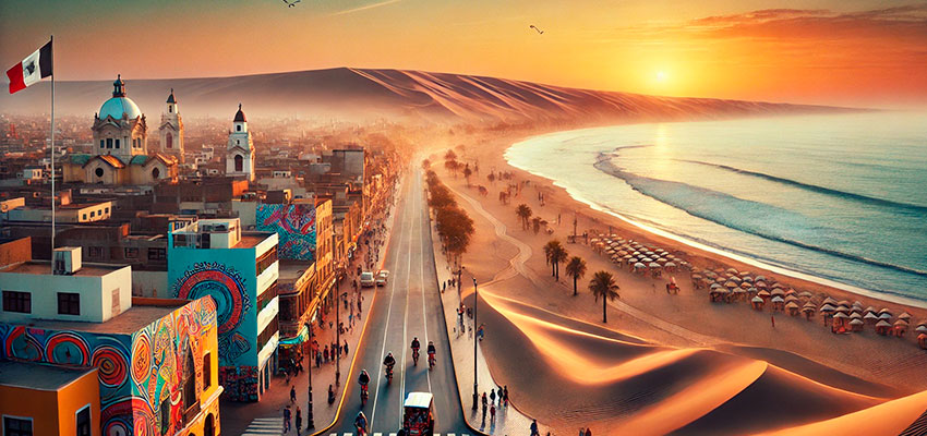 Uma paisagem panorâmica mostrando o Malecón de Lima ao entardecer com vista para o Pacífico, integrando elementos urbanos e natureza, com destaque para ciclistas e arte de rua. No canto inferior, uma transição suave para as dunas de Huacachina e, ao fundo, uma silhueta aérea das Linhas de Nazca.