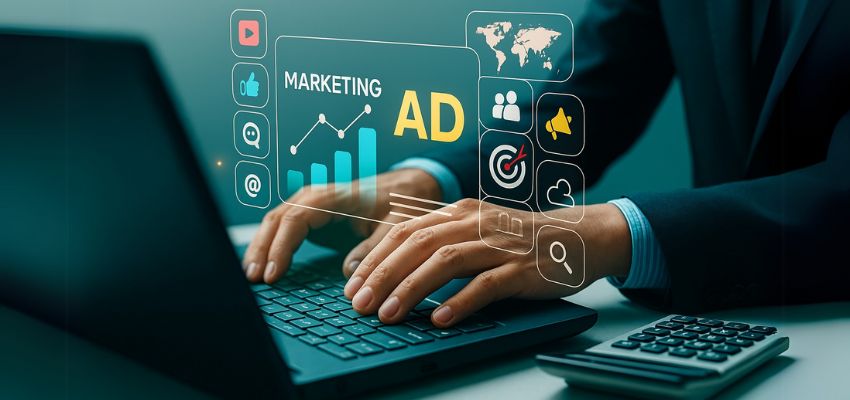 Profissional usando notebook com elementos visuais de marketing digital e anúncios online