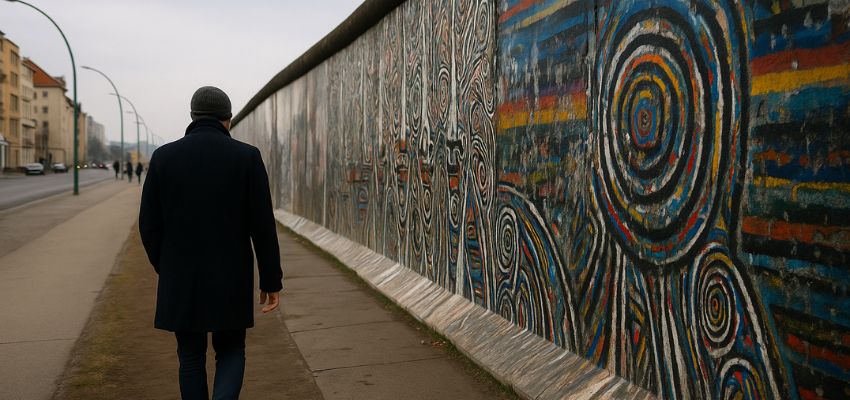 Homem caminhando sozinho ao longo do Muro de Berlim grafitado, simbolizando reflexão e aprendizado