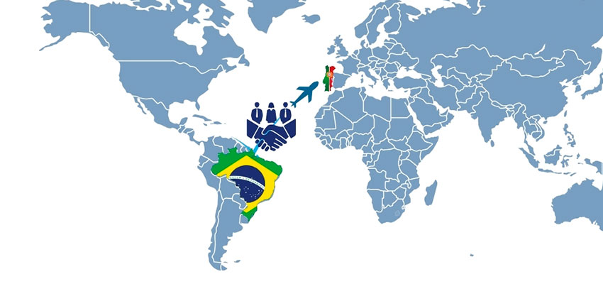 Mapa com Brasil e Portugal conectados, representando a internacionalização de empresas brasileiras para Portugal.