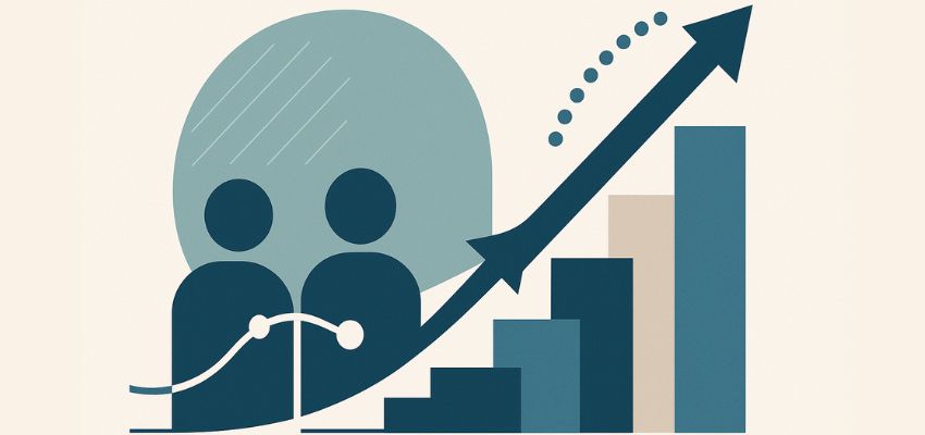 Mentor orientando mentorado em sessão de desenvolvimento de liderança, representado de forma abstrata com gráficos de crescimento