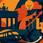 Ilustração abstrata representando a economia alemã com símbolos de inovação, crescimento, mobilidade e tradição cultural.