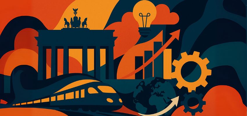 Ilustração abstrata representando a economia alemã com símbolos de inovação, crescimento, mobilidade e tradição cultural.