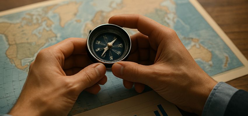 Mãos segurando uma bússola sobre um mapa-múndi simbolizando orientação na internacionalização de empresas