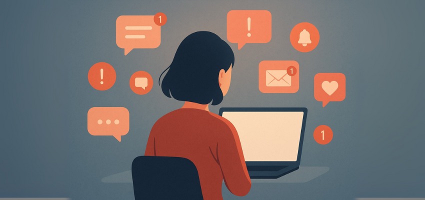 Pessoa cercada de notificações digitais, refletindo sobre ansiedade e uso consciente da tecnologia